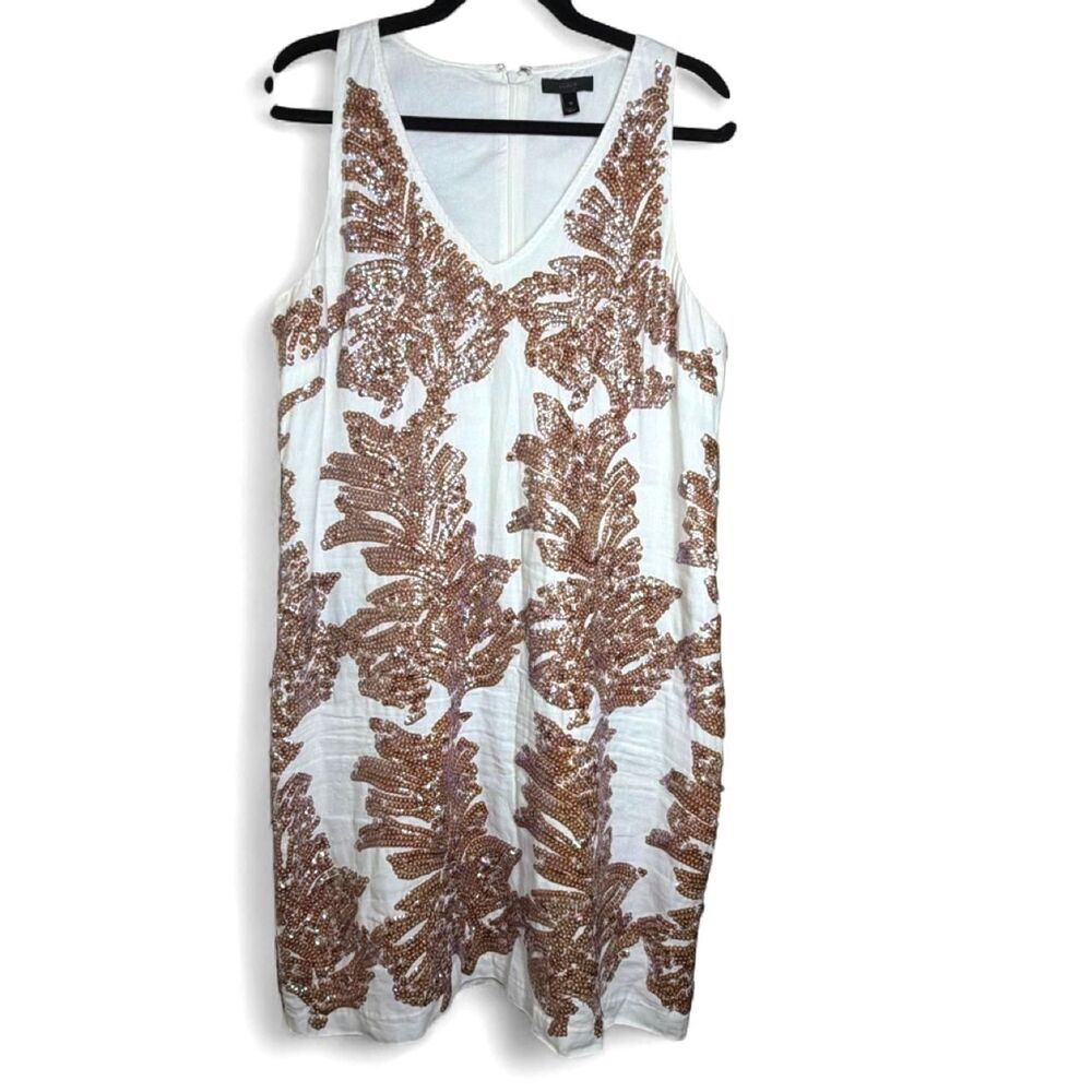 J. Crew Iridescent Sequin Palm Leaf Dress 12 Linen Blend Shift Glam Mermaidcore